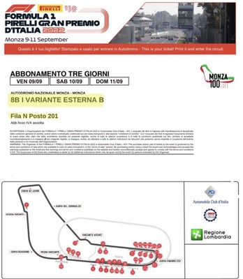 Biglietto Monza F1 2022 GP  ABB 3 Giorni Prima Variante Esterna 8B E.Ticket 