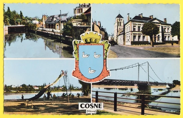 cpsm 58 - COSNES COURS sur LOIRE Multivue PONT Blason TOBOGGAN Église le NOHAIN