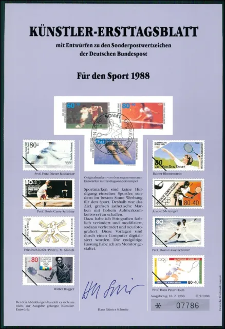 Brd Künstler-Etb 1988/5 Sport Tennis Fussball Künstler-Ersttagsblatt Ltd Edition