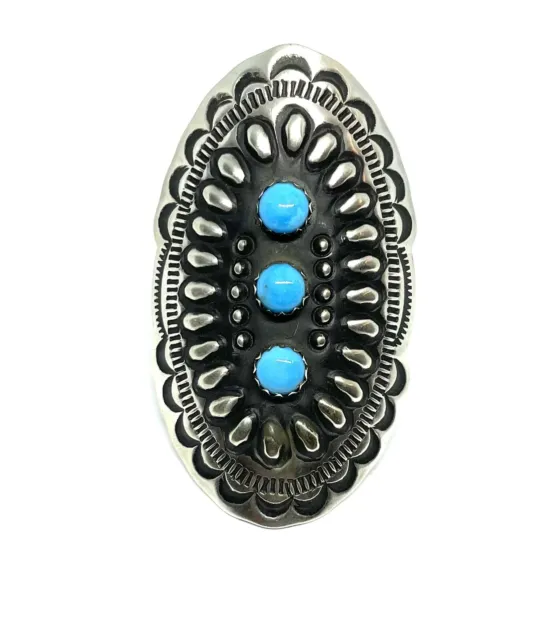 Native American Sterling Silver Navajo Handmade Turquoise Adjustable Ring Size 7