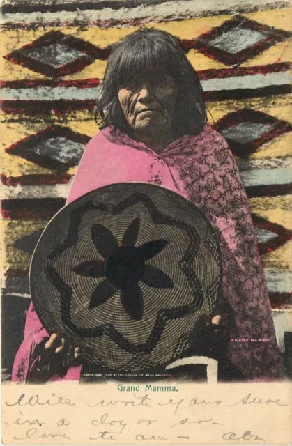 Hand Colored Postcard Native American Rieder Publ. Grand Mamma Navajo Blanket