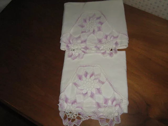 Vintage Pair white PILLOWCASES delicate hand crocheted  lavender medallion edge