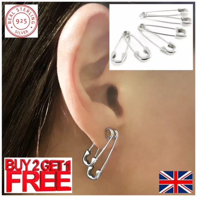 925 Sterling Silver Earrings Men Women Steam Punk Stud Ear Paper Clip Safety Pin