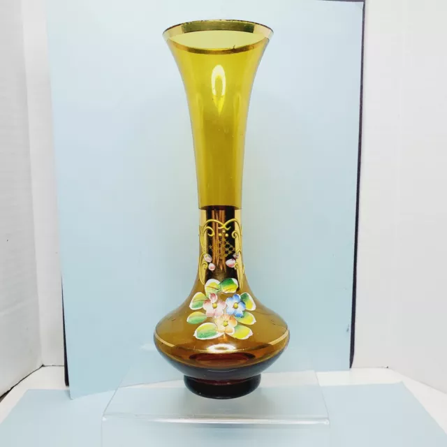 Japan Hand Painted Raised Enamel Gold Leaf Blown Art Glass Amber Bud Vase Nasco