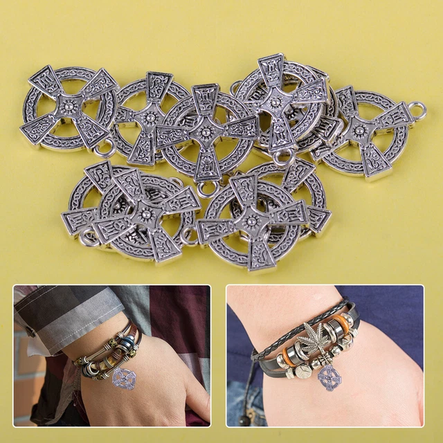 10pcs Antique Silver Tone Round Cross Pendant Necklace Charms Crafts Findings Pd