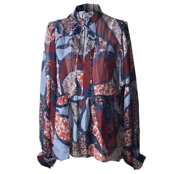 Shoshanna Floral Paisley Patchwork Tie Neck Blouse