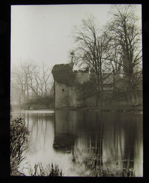 Glass Magic Lantern Slide WHITTINGTON CASTLE & MOAT C1910 SHROPSHIRE