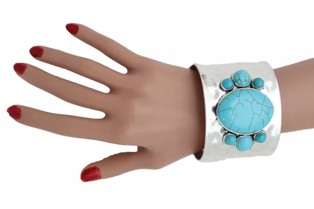 Women Western Fashion Jewelry Cuff Bracelet Silver Metal Turquoise Blue Beads