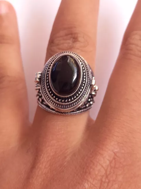 Handmade 925 Silver Plated Black Onyx Poison Ring Secret Compartment Size 8 US