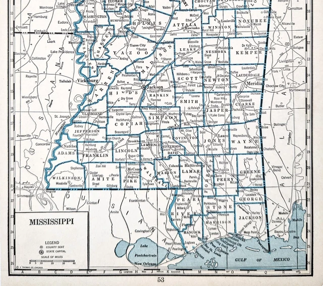1934 MAP MISSISSIPPI County Township Railroads Jackson Gulfport