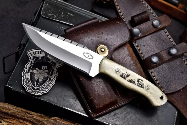 CFK Handmade D2 Custom ELK HERD Scrimshaw Camel Bone Hunting Skinner Sport Knife