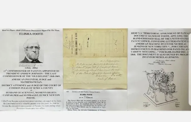 President Johnson Commissioner Patents Inventor Judge Foote Document Signed 1868