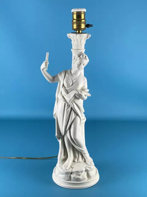 Antica Lampada Liberty Porcellana “Biscuit” Statua Femminile Con Colonna XX Sec.