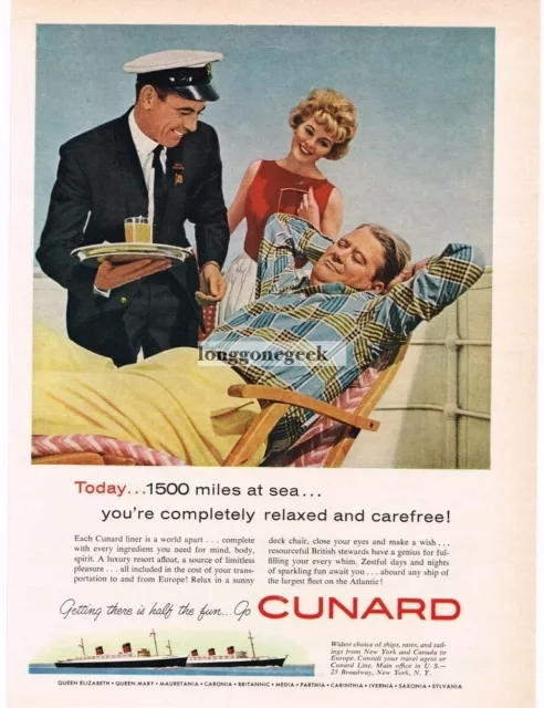 1959 CUNARD LINE Ocean Cruise Liner Man Relaxing On Deck Vintage Ad