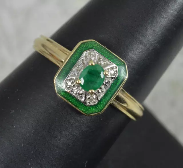 Art Deco Design 14ct Gold Emerald and Diamond Enamel Cluster Ring