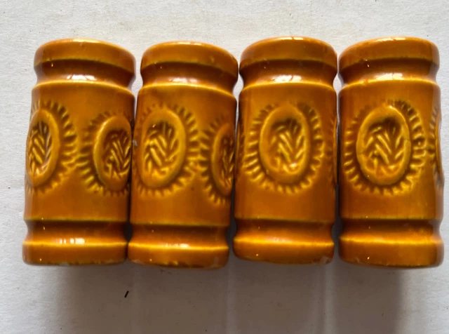 Vintage Macrame Beads 4 Barrel Ceramic Orange-Brown 1.75”