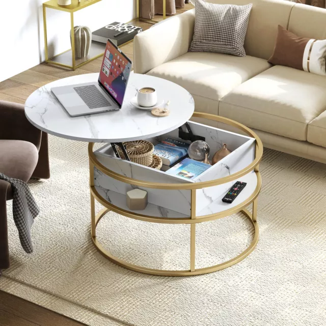 Round Lift Top Coffee Table Modern Cocktail Table w/ Storage Hidden Compartment