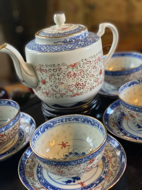 Antique Qing?Republic?Chinese Export Rice Grain Porcelain Tea Pot Cup Saucer Set