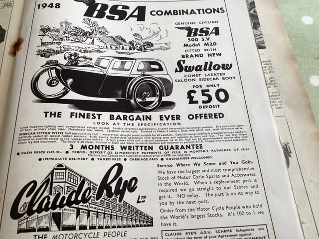 BSA M20 SWALLOW Comet Sidecar Claude Rye 1953 Motorcycle Advert Article ...