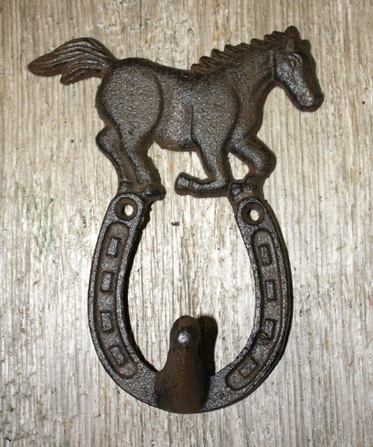 Cast Iron Rustic Ranch RUNNING HORSE Coat Hooks Hook Rack Towel  Horse Shoe