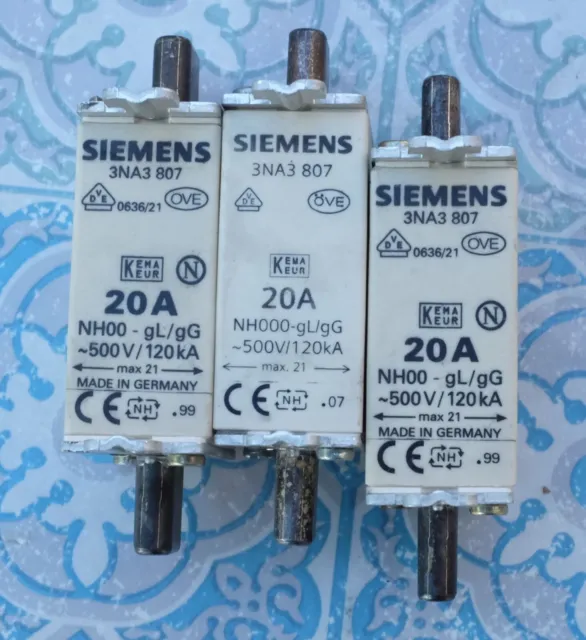 3X Siemens 3NA3807 fusible 20A taille 000 gL/gG 500V Lot de 3 d'occasion 2
