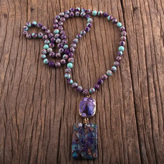 Lovely Gems Long Knotted Pendant Boho Necklaces With Semi Precious Stone Women