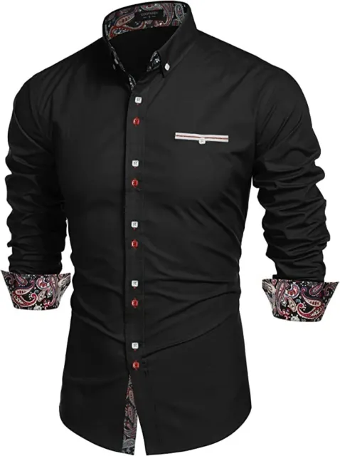 NEW Coofandy Mens XL Button Down Long Sleeve Black Burgandy Paisley Shirt #58