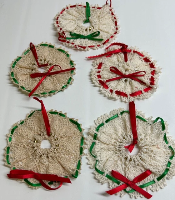 Vintage Hand Crochet Christmas Ornament Doilies 5 In Set Metal Ring in Center
