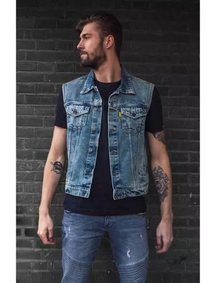 Gilet Cut jacket en jean sans manches denim couleur Bleu  Bikers M à 3XL