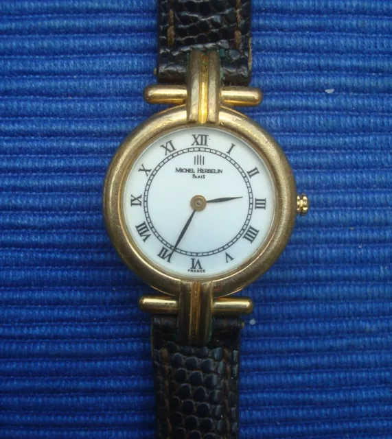 Montre Vintage Michel Herbelin Quartz Plaqué Or Bracelet Lezard Mouvt Suisse Montre Vintage Michel Herbelin Quartz Plaqué Or Bracelet Lezard Mouvt Suisse