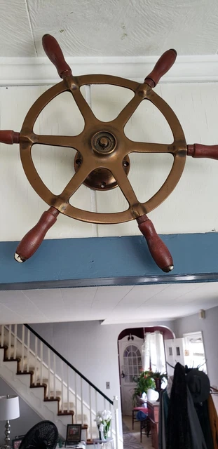 Antique Salvaged Rosewood & Solid Brass Spinning Ships Steering Wheel Six Handle