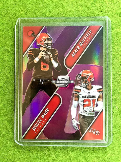 BAKER MAYFIELD PURPLE PRIZM ROOKIE CARD DENZEL WARD RC 2018 Contenders Optic /99