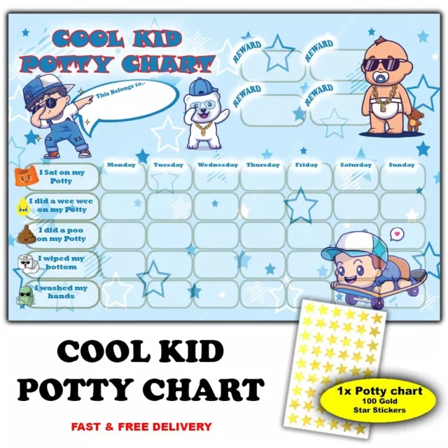 Cool Kid - Toilet / Potty Training - kids Reward Chart - 100 Gold Star Stickers