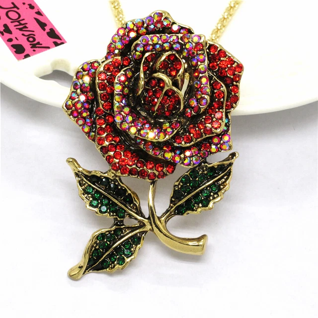 Hot  Betsey Johnson Red Bling Lovely Rose Flower Crystal Pendant Necklace