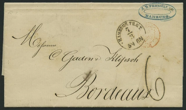 HAMBURG-GRENZÜBERGANGSSTEMPEL 1867, Tax-Stempel 6 und HAMBURG TH. & T. auf Brief