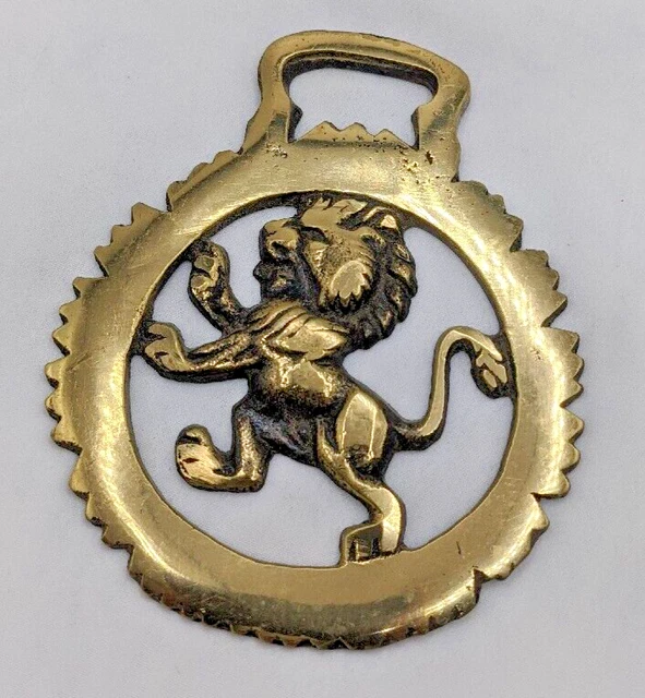 Brass Horse Medallion Vintage English Lion Royal Rampant Rearing Show Parade