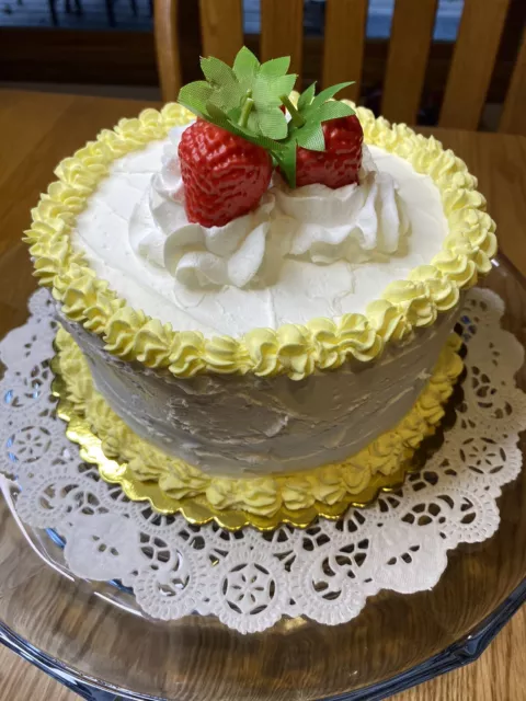 Fake Handmade White Cake W/Strawberries 6”x6” Yellow Trim