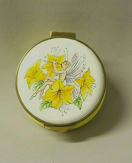Crummles & Co. Enamel Hinged Trinket Box Yellow Flowers Male Fairy Playing Flute