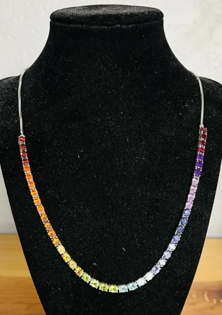 Vintage Sterling Silver Multi Gemstones Rainbow Tennis Necklace | 22” Long