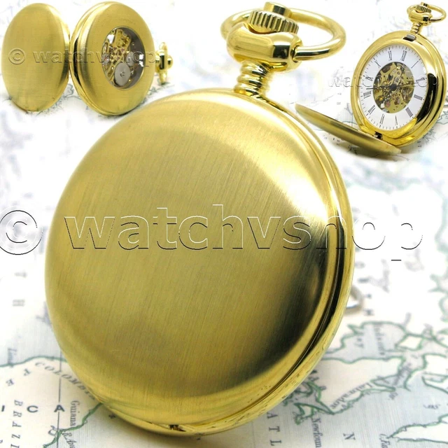 MECHANICAL POCKET WATCH Gold Color for Men Skeleton Movement and Dial