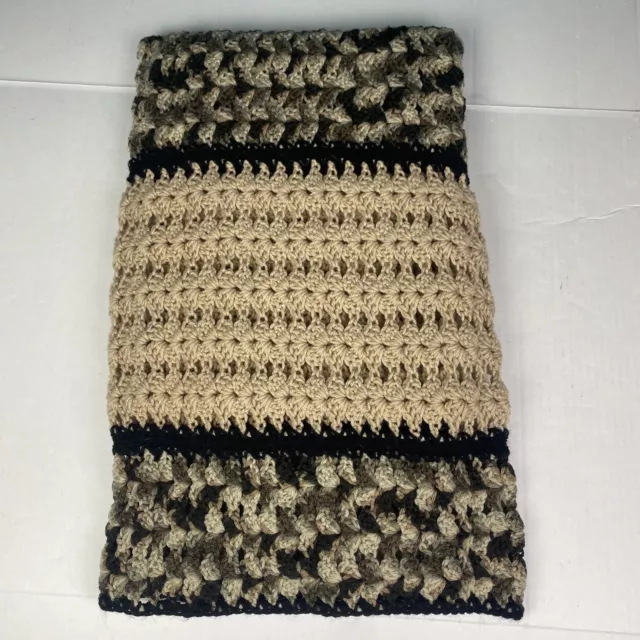 Handmade Crochet Blanket Knit Throw 54x45 Camo Neutral Tan Brown Black Grandma