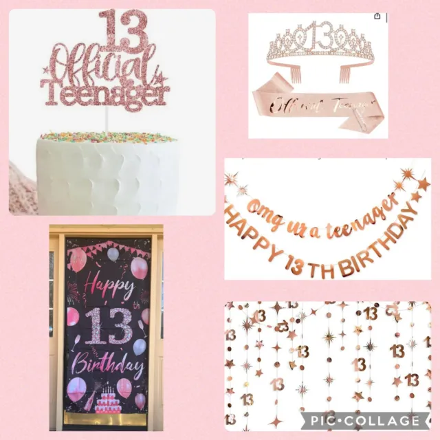 Set of 6 13th birthday decorations rose gold banner sash tiara cake topper teen