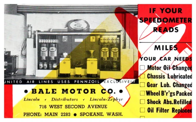 1940's Auto SERVICE REMINDER CARD "BALE MOTOR CO" PENZOIL LINCOLN-ZEPHYR-T-112
