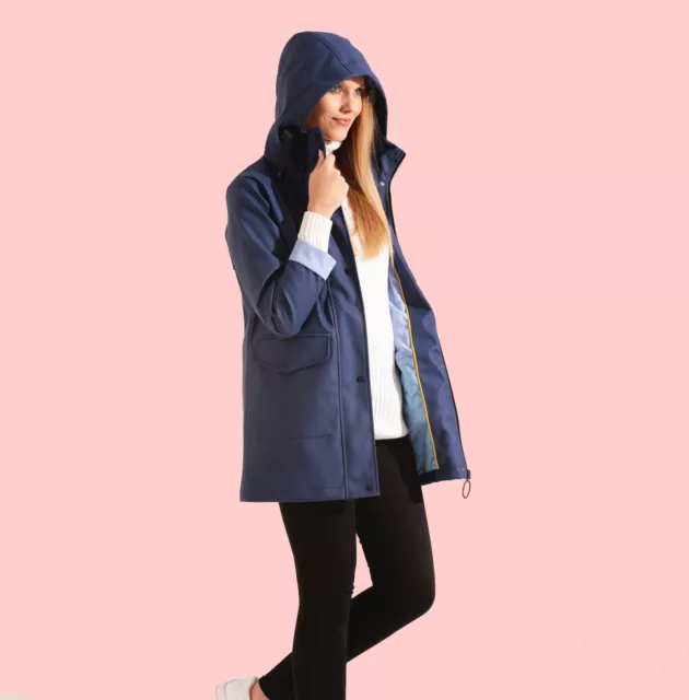 WOMEN NAVY WATER Resistant PU Rubber Raincoat UK 8 10 12 14 16 18