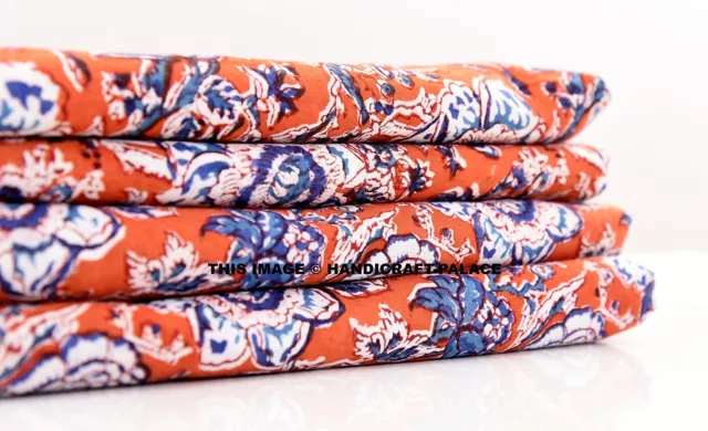 4.6m Indien Imprimé Floral Pure Coton Orange Tissu Décor Couture Artisanat Robe