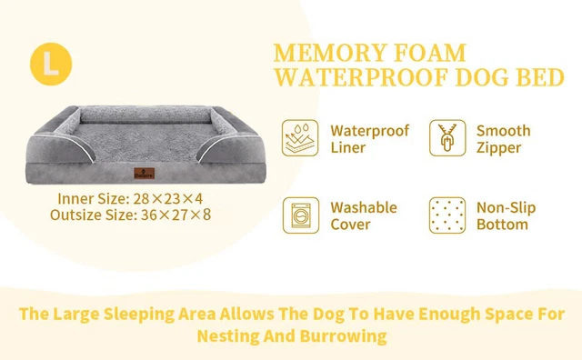 LargeGray Dog Bed Orthopedic Memory Foam Waterproof Sofa Removable Bolster Cover