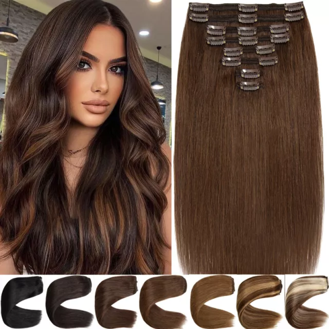 200G Thick Double Weft CLip In Real Human Hair Extensions Long Brown 10"-24" USA
