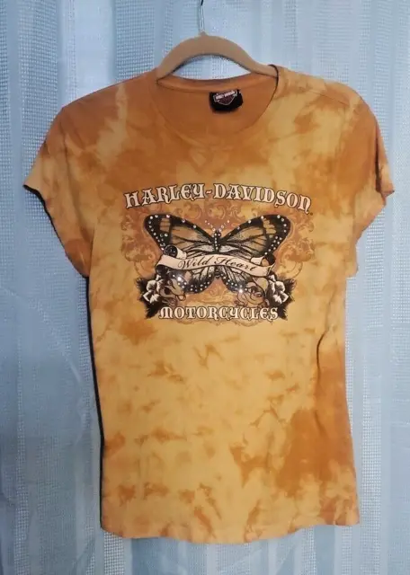 Harley-Davidson Womens Rhinestone Hawaii Gold Wild Heart Tie Dye Shirt Size M