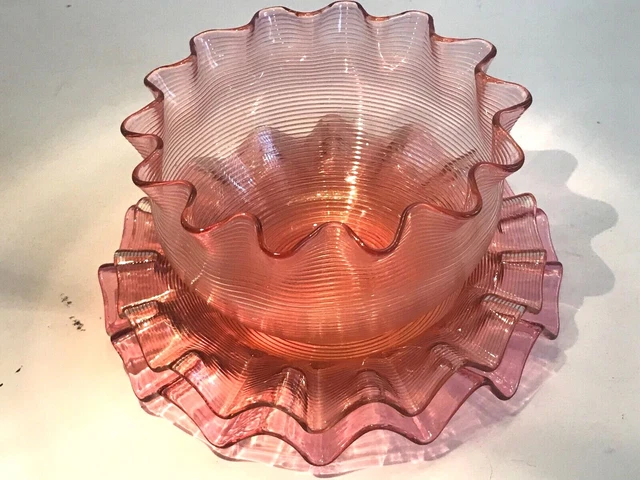 Lutz Sandwich Glass, Antique Threaded Ruffled Glass Bowl & 2 Plates - Pinks