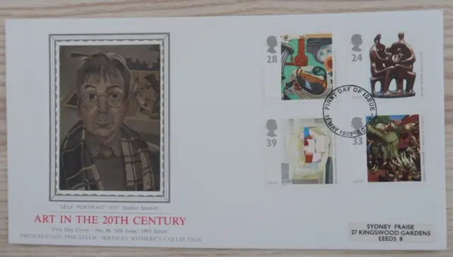 1993 PPS SILK FDC - 20th CENTURY ART STAMPS - LEEDS FIRST DAY